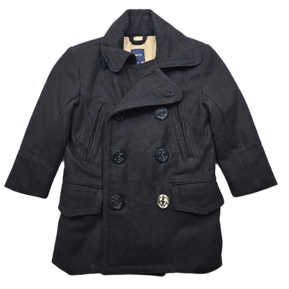 GAP Kids Wool Peacoat Kids‎ Boys Size 6 Black Double Breasted Anchor Buttons